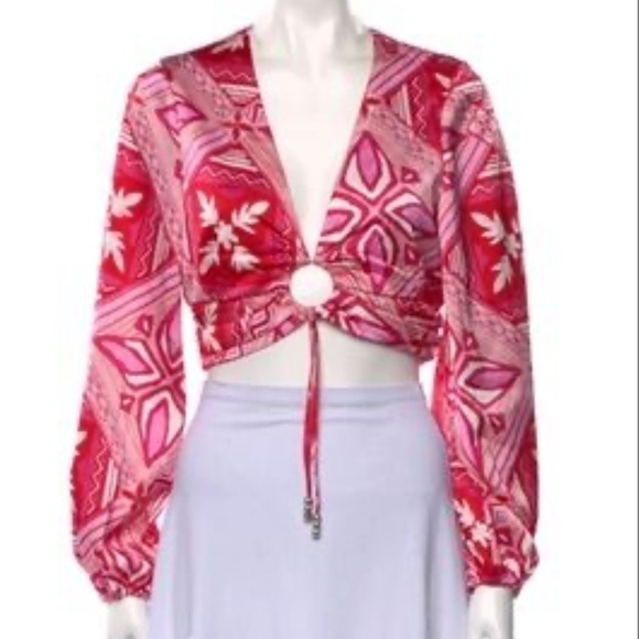 NEW NWT Caroline Constas Cropped Satin Blouse Vneck Boho Patterned - Picture 3 of 8